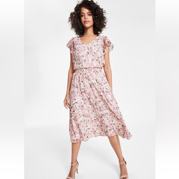 MSK Cream and pink floral elastic waist midi dress size MP - Picture 7 of 16